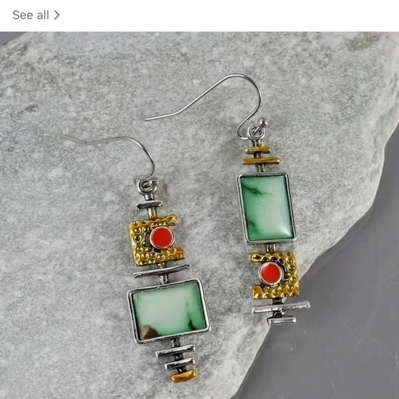 Bohemian Geometric Synthetic Gemstone Dangle Earrings - Picture 6 of 9